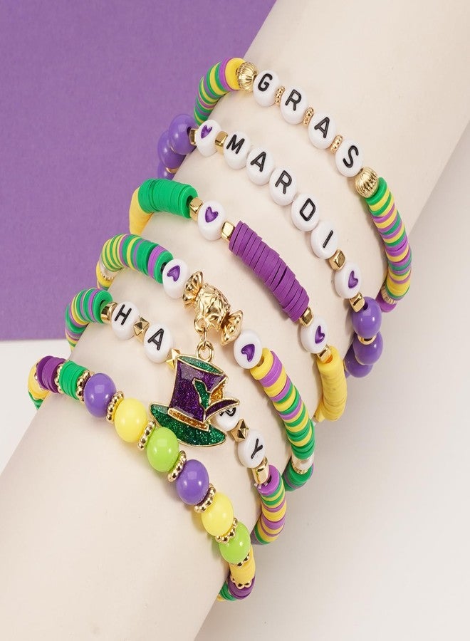 Lonext Mardi Gras Bracelets for Women Glitter Fleur De Lis Mask Jester Hat Charm Bracelets Beaded Stretch Bracelet Set for Carnival Parade Outfits Mardi Gras Accessory - Image 2